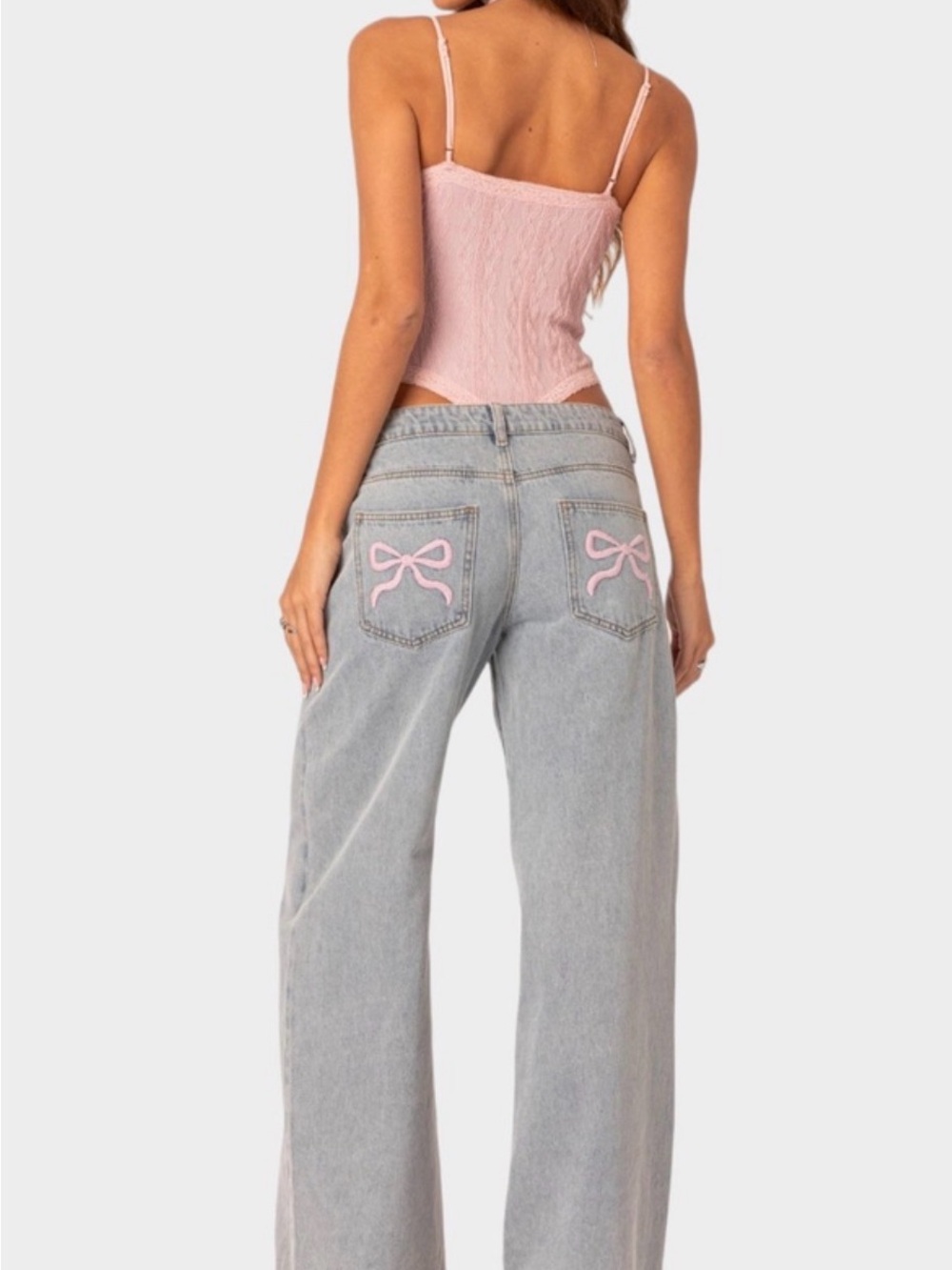 Edikted Pink Bow Pocket Wide Leg Jeans Women Size S Light Blue Relaxed Fit New